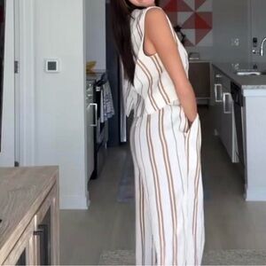 Bella Dahl Linen White Brown Striped Two Piece Matching Set Jumpsuit